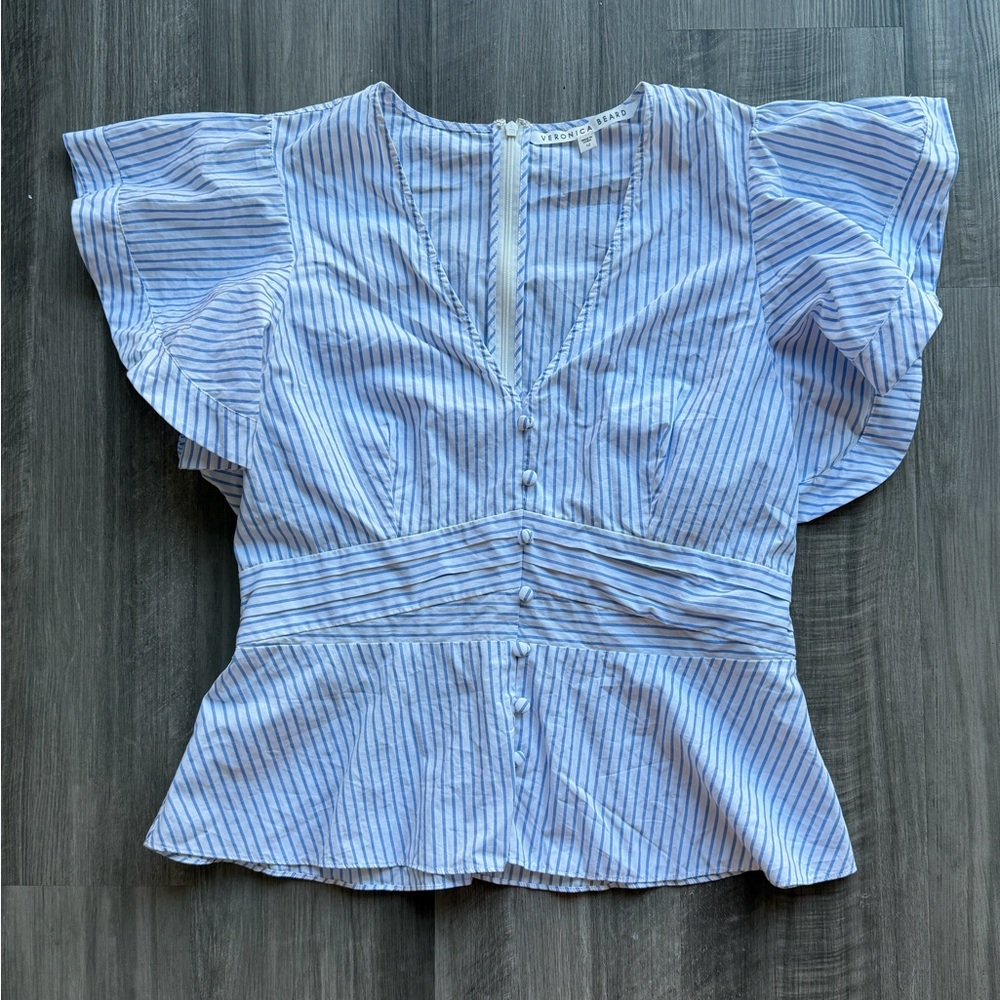 Veronica Beard Han Ruffle Sleeve Top Striped Cotton Size 12 Feminine Cottagecore